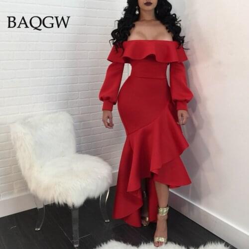 Ruffle Off Shoulder Maxi Evening Party Dresses 2021 Autumn Winter Women Sexy Slash Neck Long Sleeve Irregular Dress Clubwear