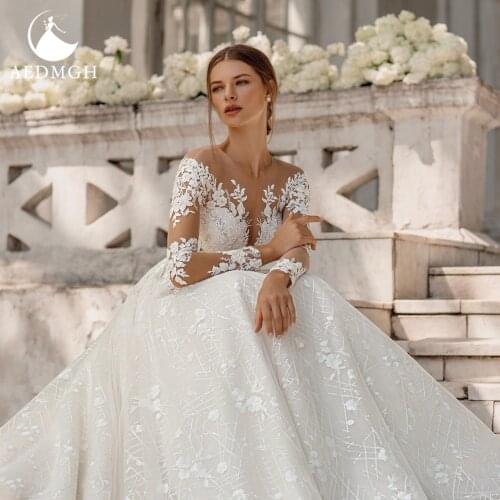 Aedmgh Ball Gown Vintage Wedding Dresses 2021 Sweetheart Long Sleeve Elegant Robe De Mariee Lace Applique Vestido De Novia