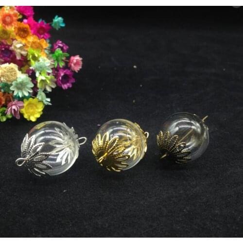 10sets 20mm Clear Glass Bubble Vial Two Hole Open& Flower Beads Cap & Eye Pin Neckalce DIY Glass Cover Dome Vial Pendant Jewelry