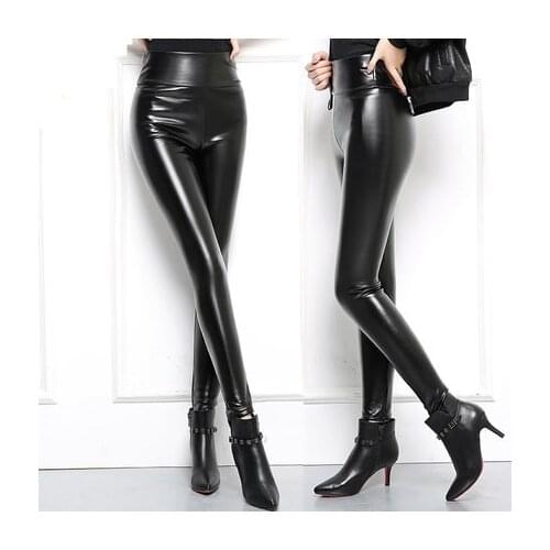 2017 Thicken Winter PU Leather women pants high waist elastic fleece stretch Slim woman black pencil pants skinny trousers