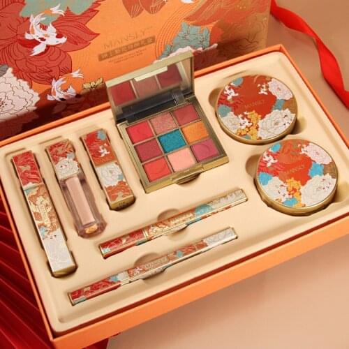 8Pcs/set Chinese Style Women Cosmetics Make Up Tools Set Velvet Lipstick Embossed Eyeshadow Palette Smooth Eyebrow Pencil Kit