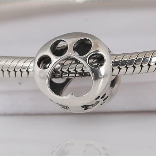 Authentic S925 Silver Bead Openwork Paw Print Charm for Women Lady Girl Bracelet Bangle