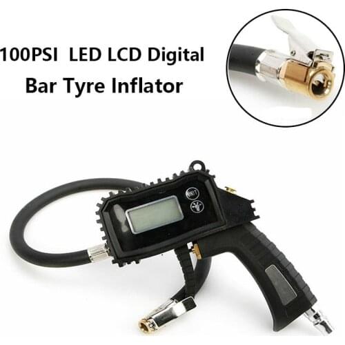 100PSI Bar Tyre Inflator Car Truck LED LCD Digital Metal Tire Digital Pressure Gauge Tire Inflator Hose Car Pressure Barometer