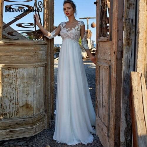 Elegant Three Quarter Sleeve Embroidery Appliques Tulle A-Line Wedding Dress 2021 Hot Sale Court Train O-Neck Bridal Gown
