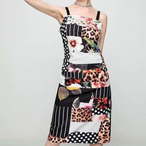 2021 Spring/Summer New Womens Printed Floral Knee-length Skirt Slim and Thin Sling Dress Fashion Retro Womens evening dress