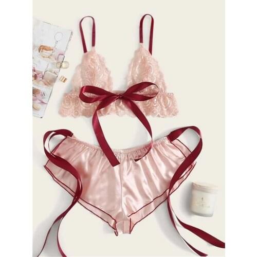 Sexy Two Pieces Lingerie Exotic Sets Babydoll Women Lace Triangle Bralette Bra Lace Up Bowknot Shorts Satin Sleepwear Underwear