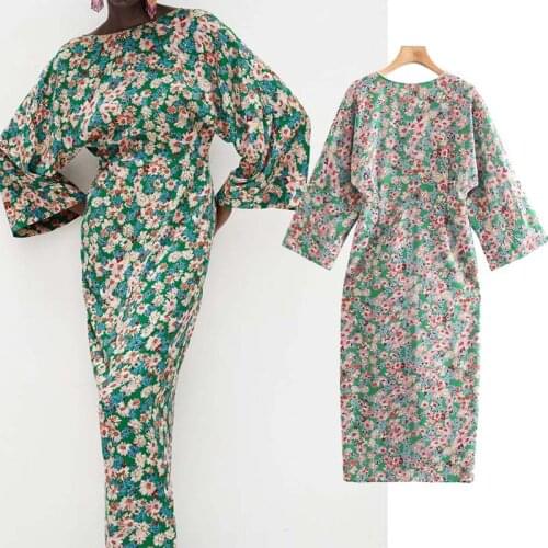 Klkxmyt Za Dress Women 2021 Summer Fashion Floral Print Midi Dress Woman Vintage Long Sleeve O Neck Female Dresses Vestidos