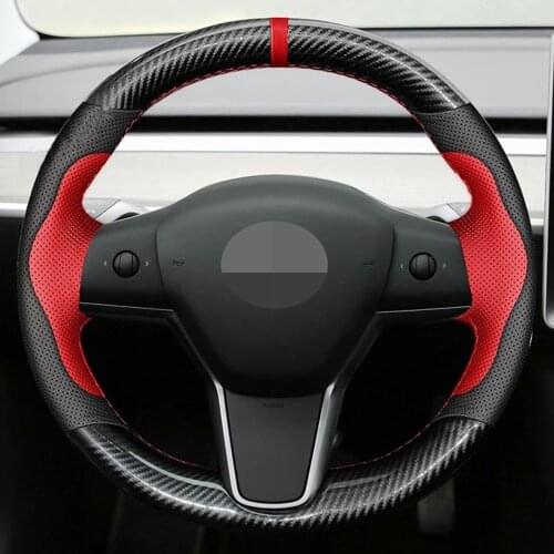 Car Steering Wheel Cover Hand-Stitched Non-Slip Black Genuine Leather Carbon Fiber Braid For Tesla model 3 2017-2021
