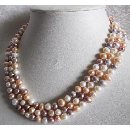 Genuine 3Row 7-8 mmm Natural White / Pink / Purple Cultured Pearl Necklace