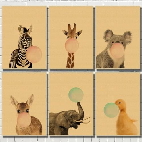 Animal Blow Bubbles Kraft Paper Posters Prints Nursery Wall Art Canvas Paintings For Childrens Room Decoration Home