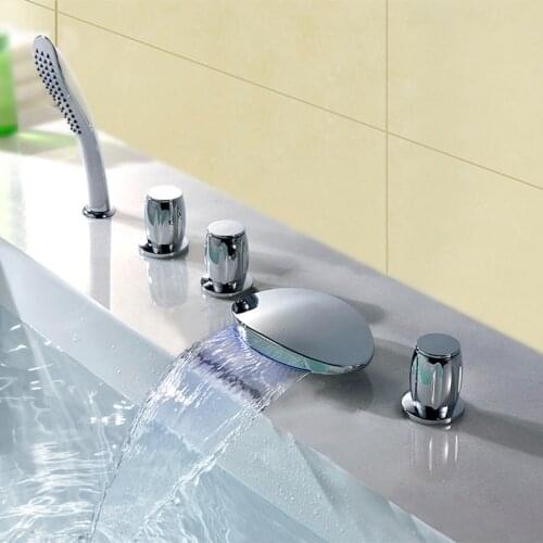 Solid Brass 5 Holes Jacuzzi Bathtub Faucet With LED Hot and Cold Bathtub Waterfall Tap With Hand Shower