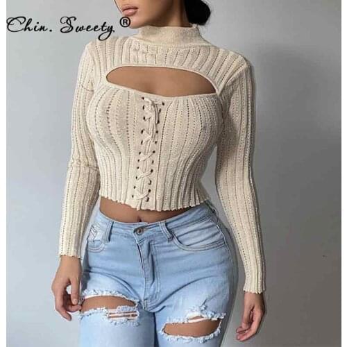 Womens Solid Stand Collar Cropped Pullovers 2021 Autumn Hollow Out Criss-cross Lace Up Sweaters Ladies Sexy Fashion Knitwear