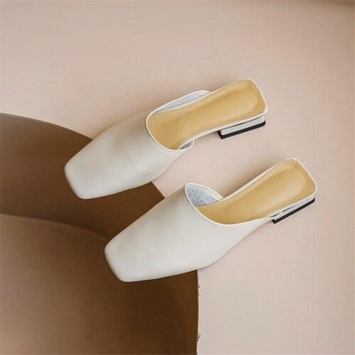 Genuine Leather Women Shoes Cowhide Square Heels and Toe Retro Korean Version Ladies Mueller single Slippers