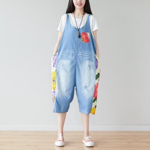 Women Loose Bleached Patchwork Scratched Ripped Overalls Jumpsuit Ladies Holes Rompers Female 2019 Summer Calf Length Jumpsuits