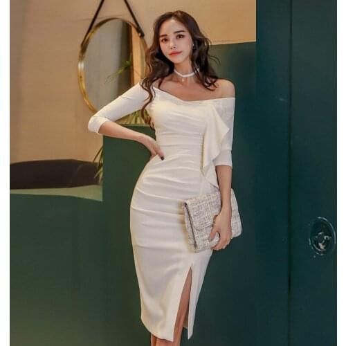 S-XL Plus Size Slash Neck Sexy White Dress Ladies Three Quarter Tight Off Shoulder Dress Women Sheer Split Summer Dresses 2020