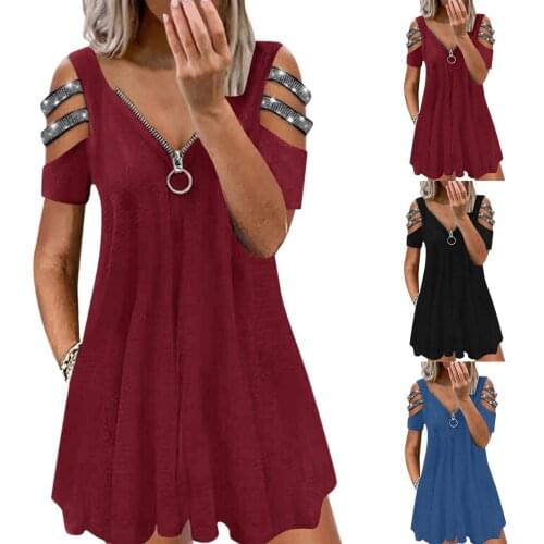 WomenS Dress Summer All-Match Simple Pure Color Suspenders Stitching Zipper V-Neck Short-Sleeved Diamond Dress платье летнее 50