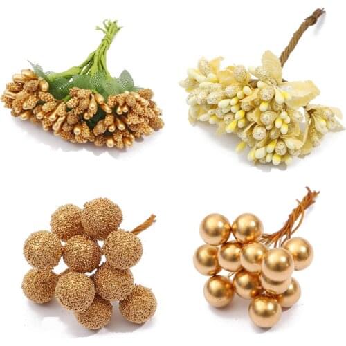 10/12/90/144pcs Mixed Gold Flower Cherry Stamen Berries Bundle DIY Christmas Wedding Cake Gift Box Wreaths Decor