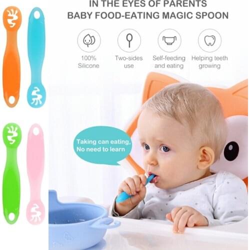 2021 New 2PCS Lovely Baby Learning Spoons Set Toddler Utensils Tableware Silicone Teether