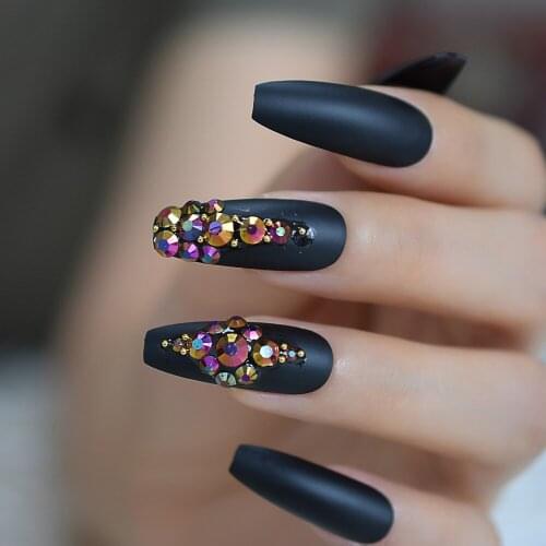 3D Gems Frosted Black Ballerina Coffin False Fake Nails Extra Long Pointed Matte Press On Salon Party Wear Nail Tips