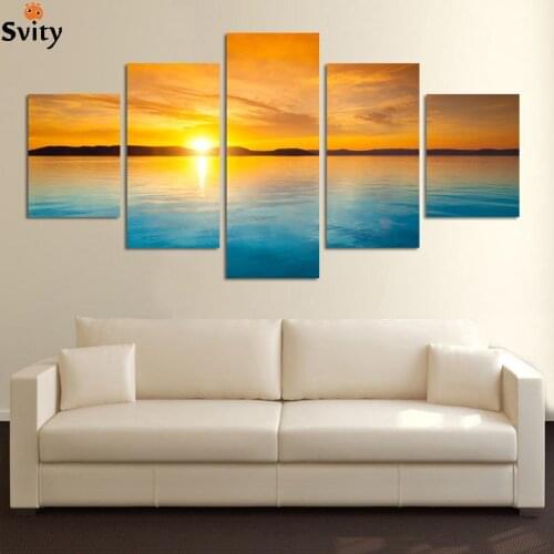 Fashion 5 Pieces Landscape Canvas Painting Blue Sea and sunset HD large wall paintings no framed F243