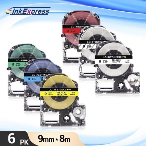 6PK SS9KW Tape for Epson SS9KW ST9KW SC9RW SC9YW SC9BW SC9GW Label Tape 9mm x 8m for King Jim Epson LW-400 LW-300 Label Maker