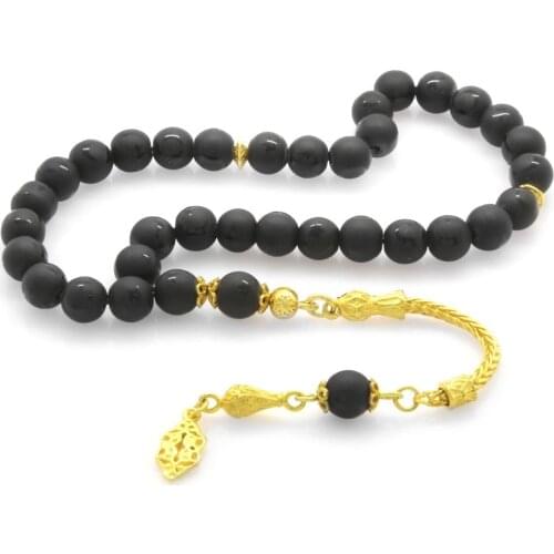 Tesbihane 925 Sterling Silver Tassels Sphere Cut the Moon the stars Motif Onyx Natural Stone Rosary