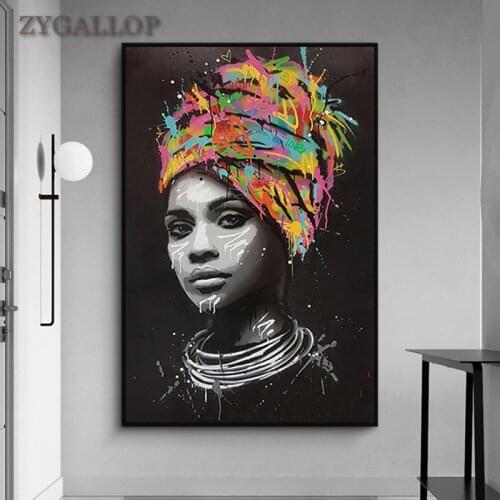 African Girl Graffiti Canvas Painting Art Print Poster African Woman Watercolor- Portrait Oil Paintings Wall Pictures Home Decor