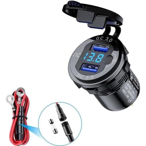 QC3.0 Dual USB Car Charger Quick Charge USB Socket Adapter Power Outlet With Voltmeter + Switch For 12V-24V Car Boat Motorcycle