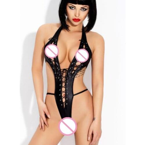 Black Sexy Vinyl Fishnet Teddy Erotic Lingerie Novelty Hollow Out Exotic Apparel Women Wet Look Lenceria Halter Erotic Underwear