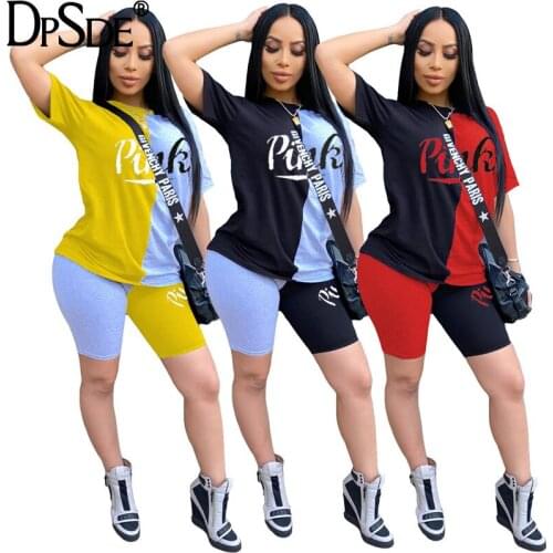DPSDE 2020 summer women fashion street casual style short sleeve round neck top elastic short pants printed two piece sets