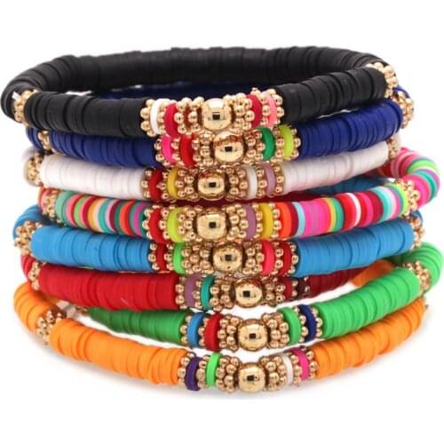 5mm Polymer Clay Disc Heishi Button Ball Bead Stretch Bracelet Women Girl Zinc Alloy White Blue Black Green Summer Beach Jewelry