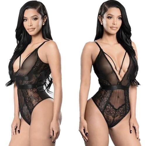 Fashion Womens Large Size Sexy Lace Mesh See-Through Halter One-Piece European And American Erotic Lingerie