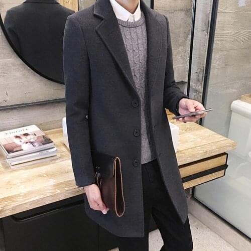 Plus Size Men Solid Color Long Sleeve Lapel Collar Buttons Woolen Trench Coat
