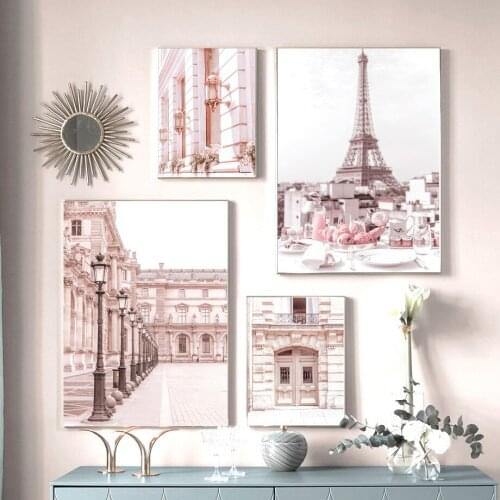 Pink Street Paris Building House Square Door Posters and Prints Wall Art Canvas Painting Wall Pictures for Living Room Decor