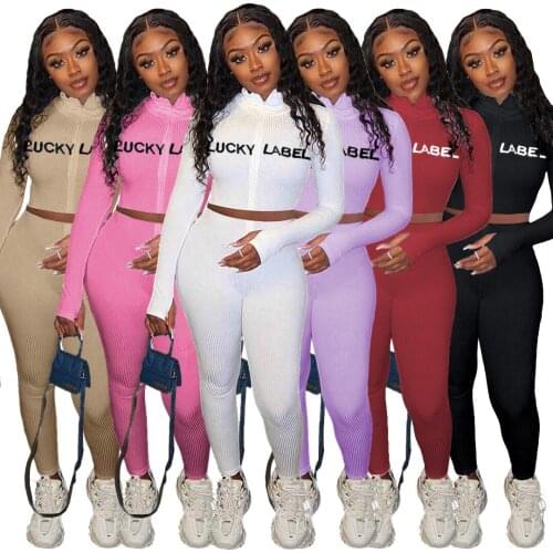 Echoine Autumn Women Active Wear Knitted Ribbed Set Lucky Label Embroidery Zipper Tops Pencil Pants Suit Tracksuit Two Piece Set