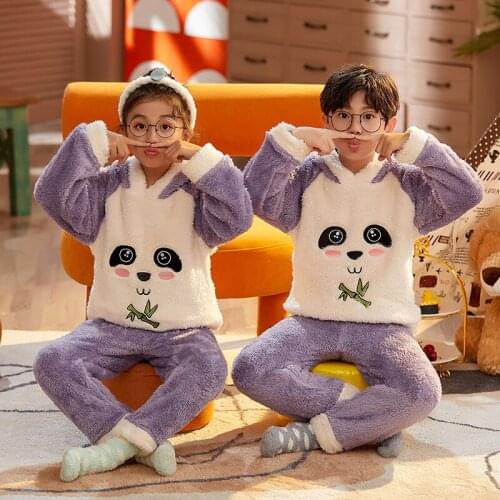 New Pajamas Set Childrens Clothing Nightwear Boys Winter Plush Homewear Warm Thick Velt Flannel Hooded Homewear Girls Tracksuit