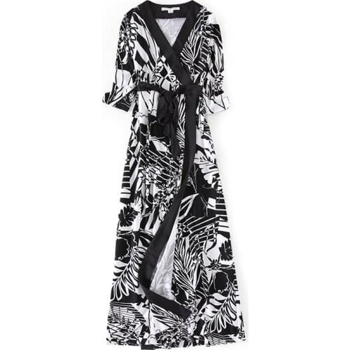 PERHAPS U V Neck Black White 3/4 Sleeve Maxi Long Dress Sash Split Sexy Summer Vocation Holiday Beach Geometric Print D0480