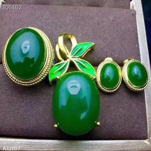 KJJEAXCMY 925 Sterling Silver Natural Hetian Biyu Girls Ring Pendant Necklace Earring Set Plant Leaf Support Detection