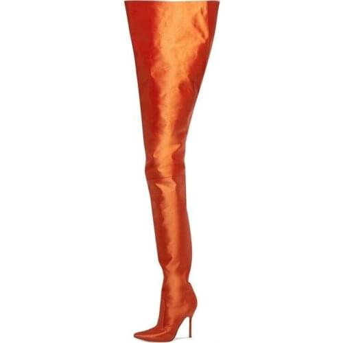 Sexy Women Waist High Boots Pointed Toe Slim Fit Orange Thigh High Boots Stylish Designer Slip-on Ladies Over The Knee Boots
