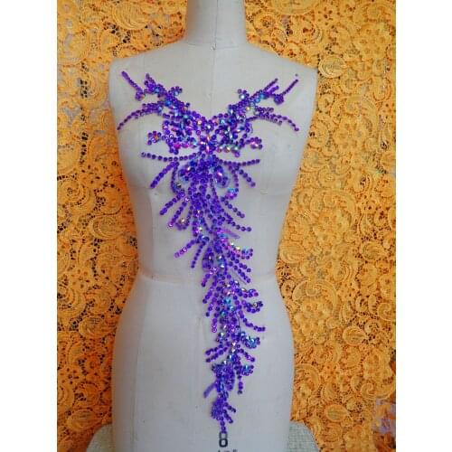 Zbroh Pure hand made sew on Rhinestones purple applique crystals patches 58*28cm dress accessory