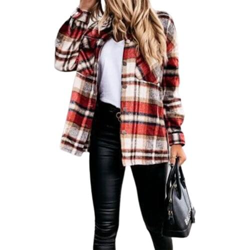 2021 Women Retro Plaid Print Blouses Casual Lapel Long Sleeve Button Front Loose Pocketed Coat Female Outerwear Chic Shirts Tops