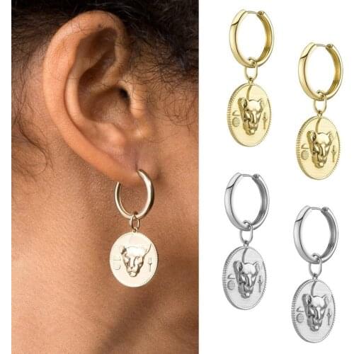 Double sided Tiger Head Earrings womens cartoon retro Earrings circle cross border jewelry metal feeling new earrings