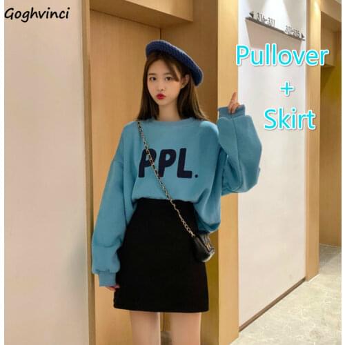 Women Sets Winter Plus Velvet Large Size 3XL Letter Print Sweatshirt Chic All-match Solid Mini Skirt Students Sweet Streetwear