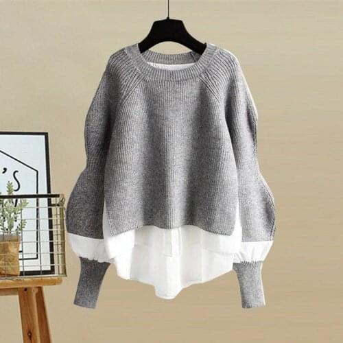 Knitted Patchwork Womens Sweater Long Sleeve O-neck Oversize Korean Pullover 2021 Autumn Winter Casual Warm Sweaters Clothing