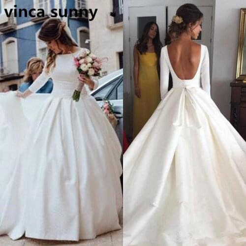 Vestidos de Novia Simple Cheap Wedding Dresses 2021 Fashion Satin A Line Long Sleeves Backless Wedding Dress Sexy Bridal Gowns