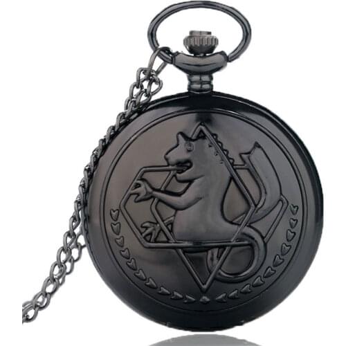 2018 New Black Tone Fullmetal Alchemist Pocket Watch Cartoon Quartz Clock Hour Anime Boys Gift Wholesale