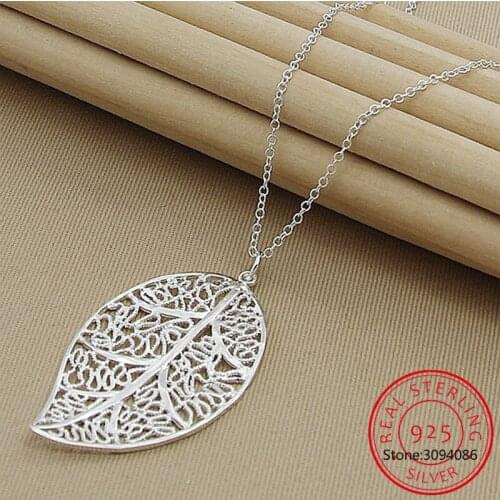 925 Sterling Silver Big Leaf Pendant Necklace 18 Inch Chain For Women Wedding Engagement Party Jewelry