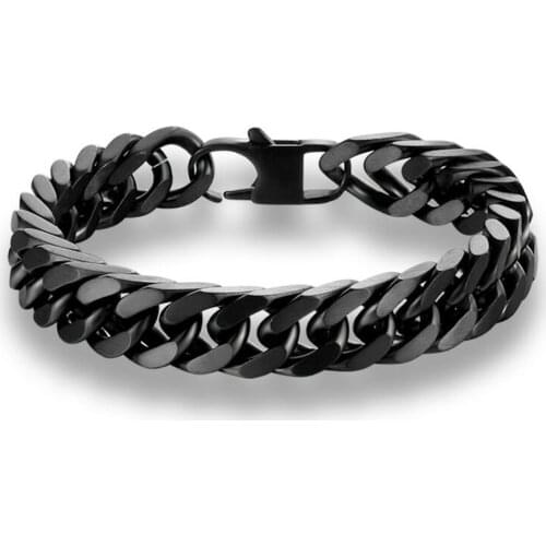 10/12/15/17mm Top Quality Stainless Steel Black Double Cuban Chain With Square Buckle Mens Womens Bracelet Wristband 7-11inch