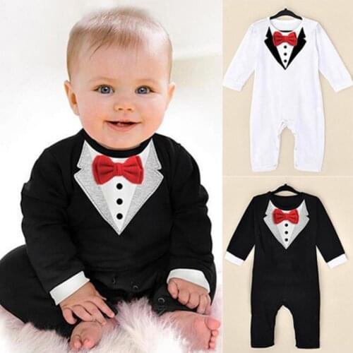 Baby Boy Fashion Long Sleeve Jumpsuits V Collar Pattern Bowknot Rompers Sweet and Fashion Jumpsuit Playsuits For 0-24 Month Baby