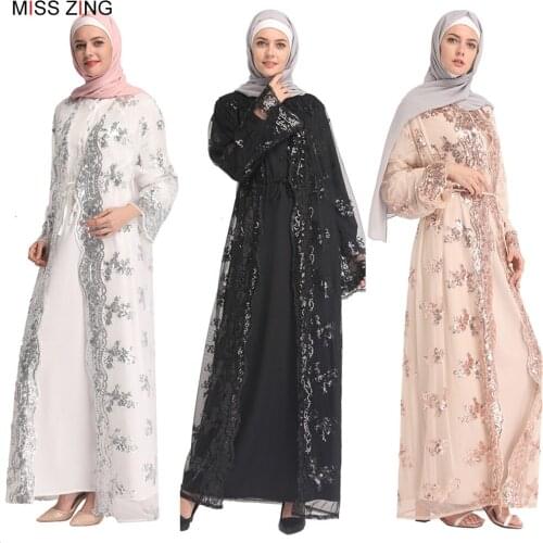 Zing Muslim Abaya Lace Embroidery New Dress Mesh Cardigan Tunic Kimono Long Robes Jubah Middle East Ramadan Arab Islamic Prayer